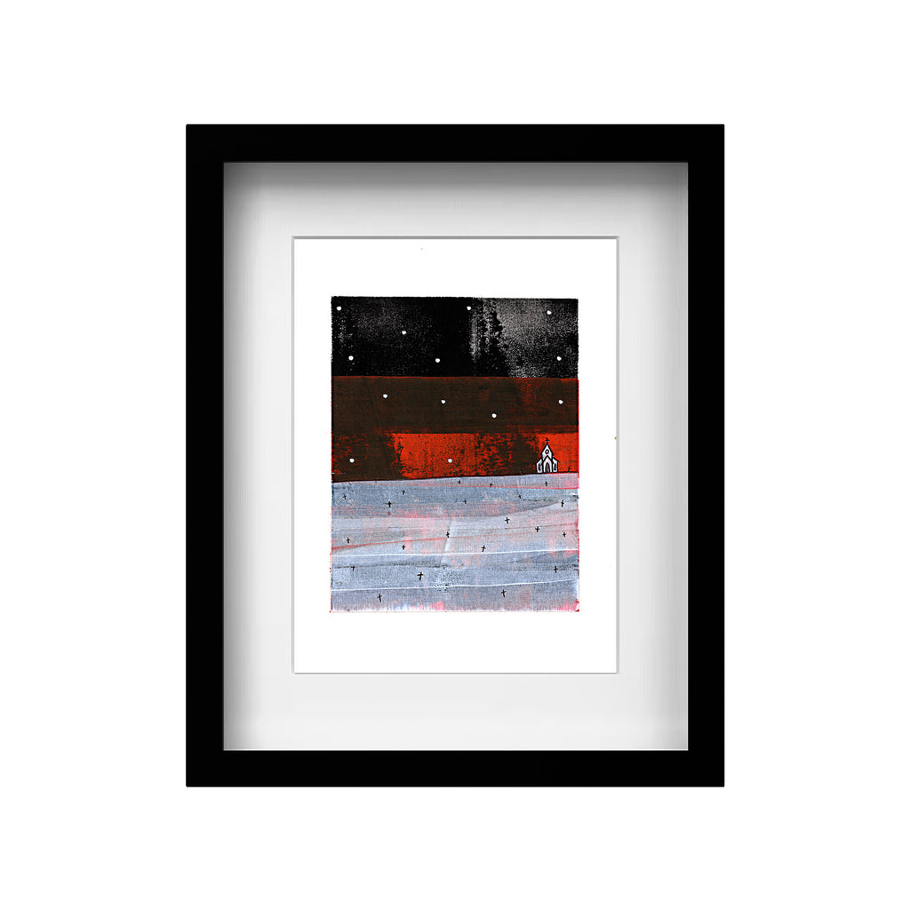 Framed 9x12 red and black abstract painting by Christopher Reilly in a modern black frame with a white mat.