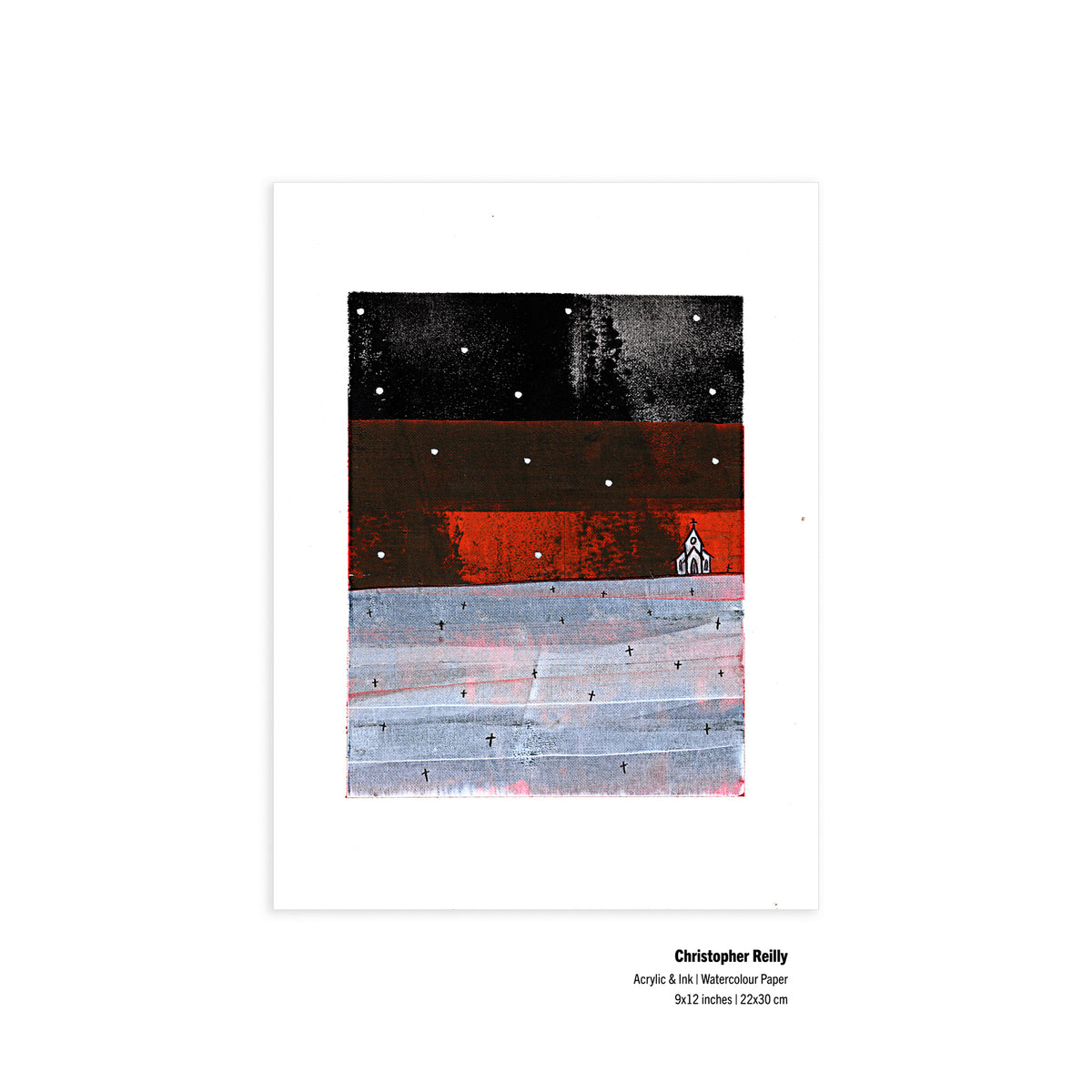 9x12 inch abstract landscape painting on watercolor paper by Christopher Reilly with fine art details printed in the margins.