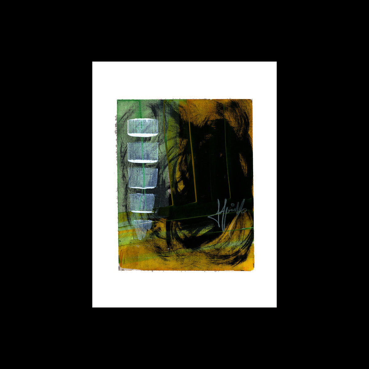 An original 9x12-inch abstract painting titled Painting 222 by Christopher Reilly, featuring a split background of olive green and ochre yellow layered with a heavy vortex of black paint, a vertical column of five textured silver blocks on the left, and a white script line in the center, set on white paper against a black backdrop.