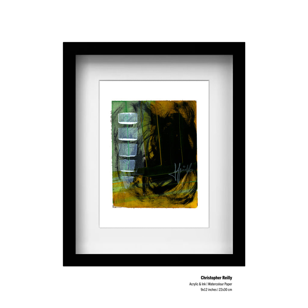 A framed presentation mockup of Painting 222 by Christopher Reilly, showcasing an artist specification label in the bottom right corner reading: Christopher Reilly, Acrylic & Ink | Watercolour Paper, 9x12 inches | 22x30 cm.