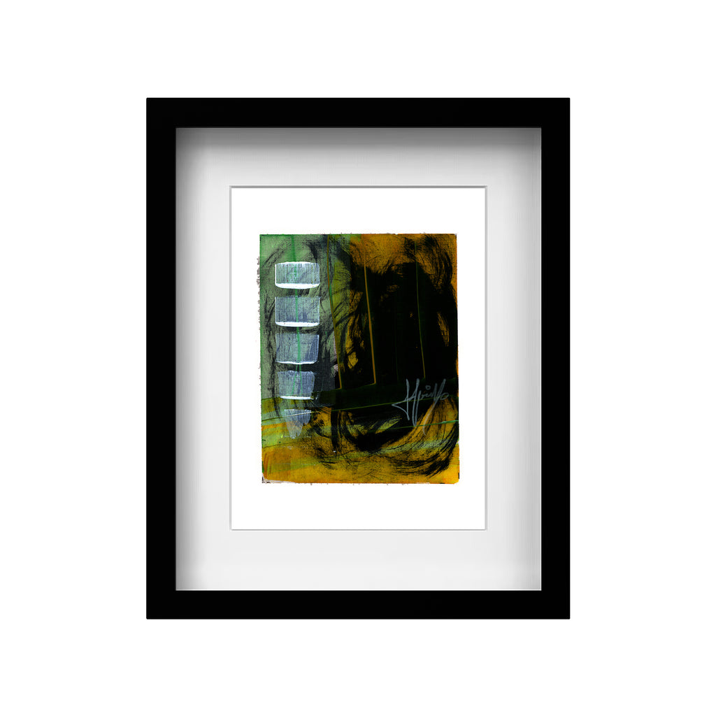 A product mockup displaying Christopher Reilly's original mixed-media abstract artwork, Painting 222, styled inside a modern black frame with a crisp white mat board to highlight the olive green, yellow, and silver composition.