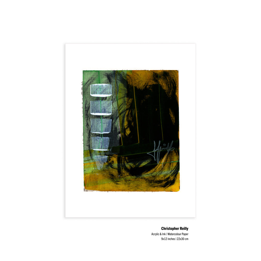 An unframed flat-lay view of the original artwork Painting 222 by Canadian artist Christopher Reilly on paper, displaying neat metadata labels at the bottom right corner outlining the 9x12 inch dimensions and materials.