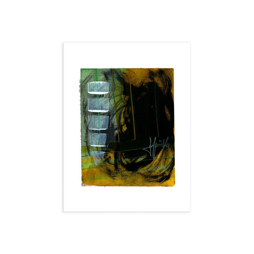 A high-resolution product shot of Painting 222 by Christopher Reilly on white watercolor paper, highlighting the thick texture of the black acrylic paint vortex and the light-reflecting metallic details of the five stacked silver rectangles.