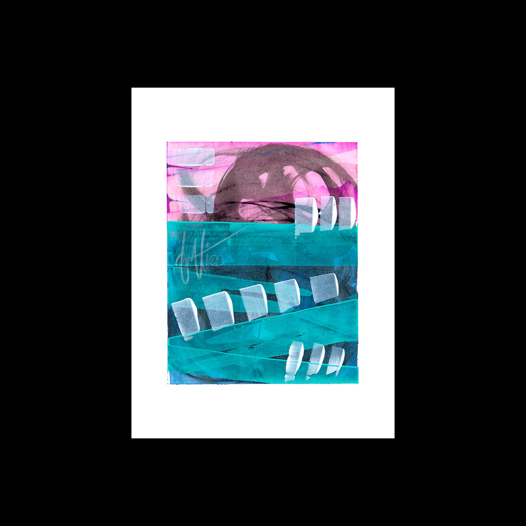 An original 9x12-inch contemporary abstract painting titled Painting 233 by Christopher Reilly, featuring a neon pink top field with a dark sweeping arch, a bottom field of intense teal and turquoise, and a cascading diagonal line of semi-translucent white squares across the center, set on white paper over a black backdrop.