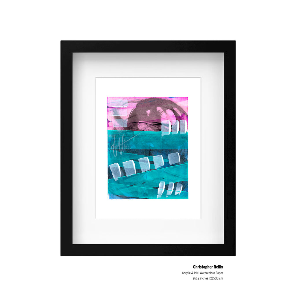 A framed presentation mockup of Painting 233 by Christopher Reilly, showcasing an artist specification label in the bottom right corner reading: Christopher Reilly, Acrylic & Ink | Watercolour Paper, 9x12 inches | 22x30 cm.