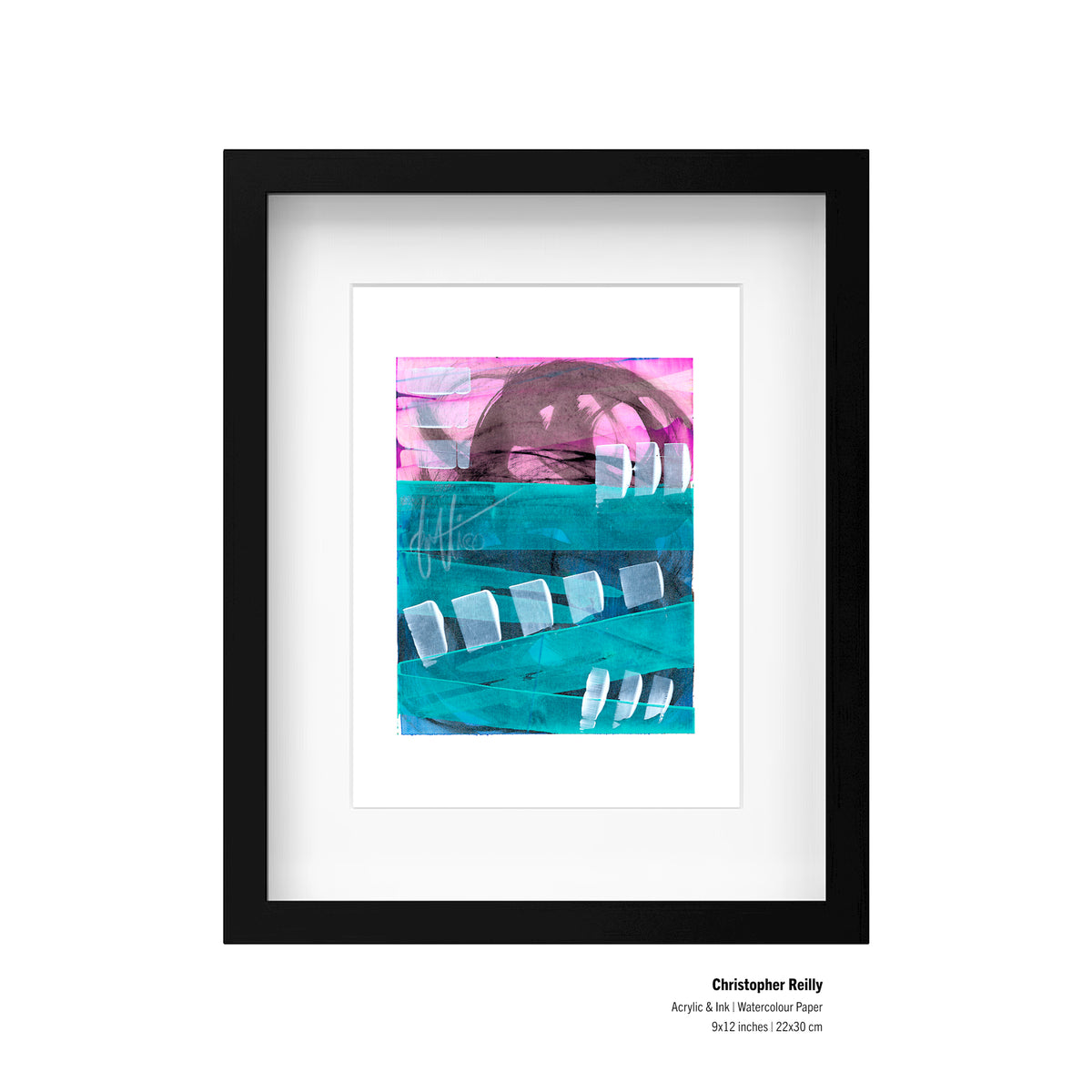 A framed presentation mockup of Painting 233 by Christopher Reilly, showcasing an artist specification label in the bottom right corner reading: Christopher Reilly, Acrylic & Ink | Watercolour Paper, 9x12 inches | 22x30 cm.