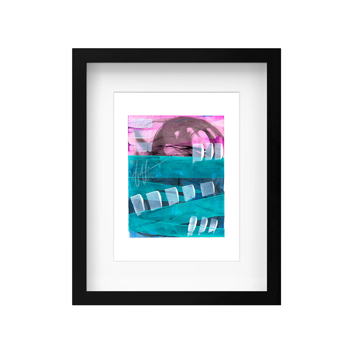 A product mockup showing Christopher Reilly's original mixed-media abstract artwork, Painting 233, styled inside a modern black frame with a crisp white mat board to highlight the electric pink and teal composition.