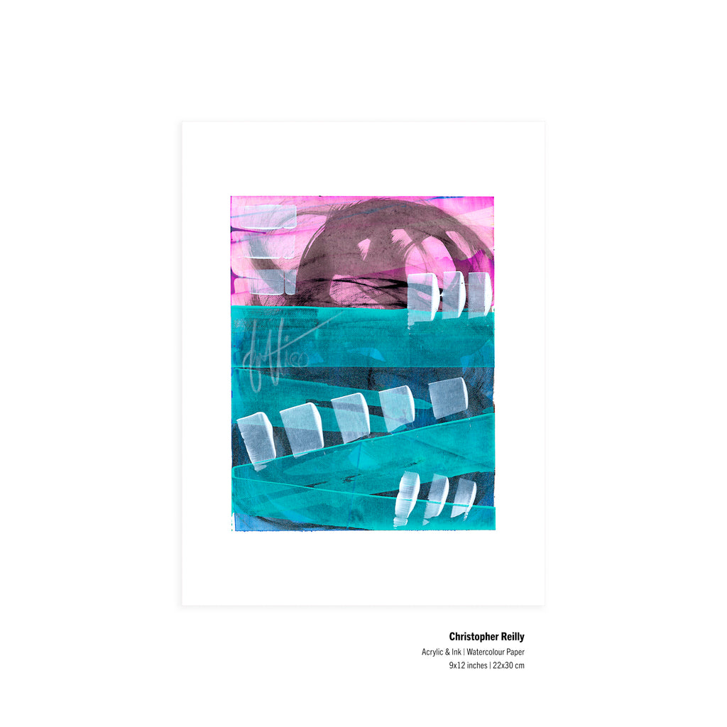 An unframed flat-lay view of the original artwork Painting 233 by Canadian artist Christopher Reilly on paper, displaying neat metadata labels at the bottom right corner outlining the 9x12 inch dimensions and materials.