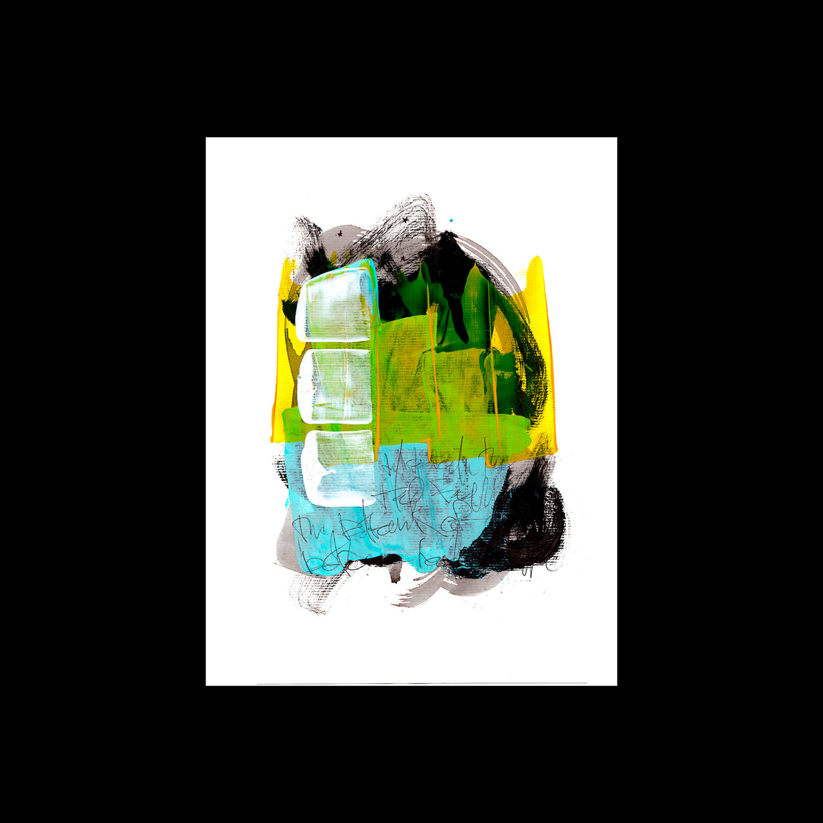 An original 9x12-inch abstract mixed-media painting titled Painting 239 by Christopher Reilly, featuring a split background of chartreuse green and sky blue, a vertical column of three white square blocks on the left, and dark charcoal ink sweeps with fine sgraffito text overlays, centered on white watercolor paper.