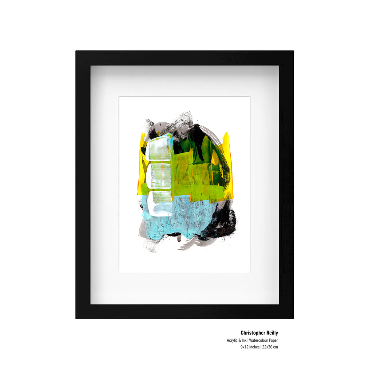 A framed presentation mockup of Painting 239 by Christopher Reilly, showcasing an artist specification label in the bottom right corner reading: Christopher Reilly, Acrylic & Ink | Watercolour Paper, 9x12 inches | 22x30 cm.