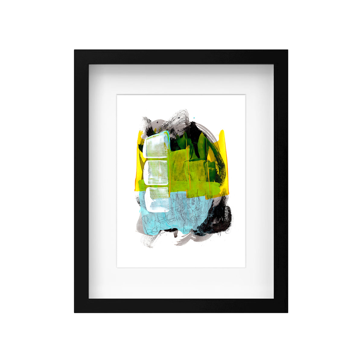 A product mockup showing Christopher Reilly's original mixed-media abstract artwork, Painting 239, styled inside a modern black frame with a crisp white mat board to highlight the vibrant green, blue, and black composition.