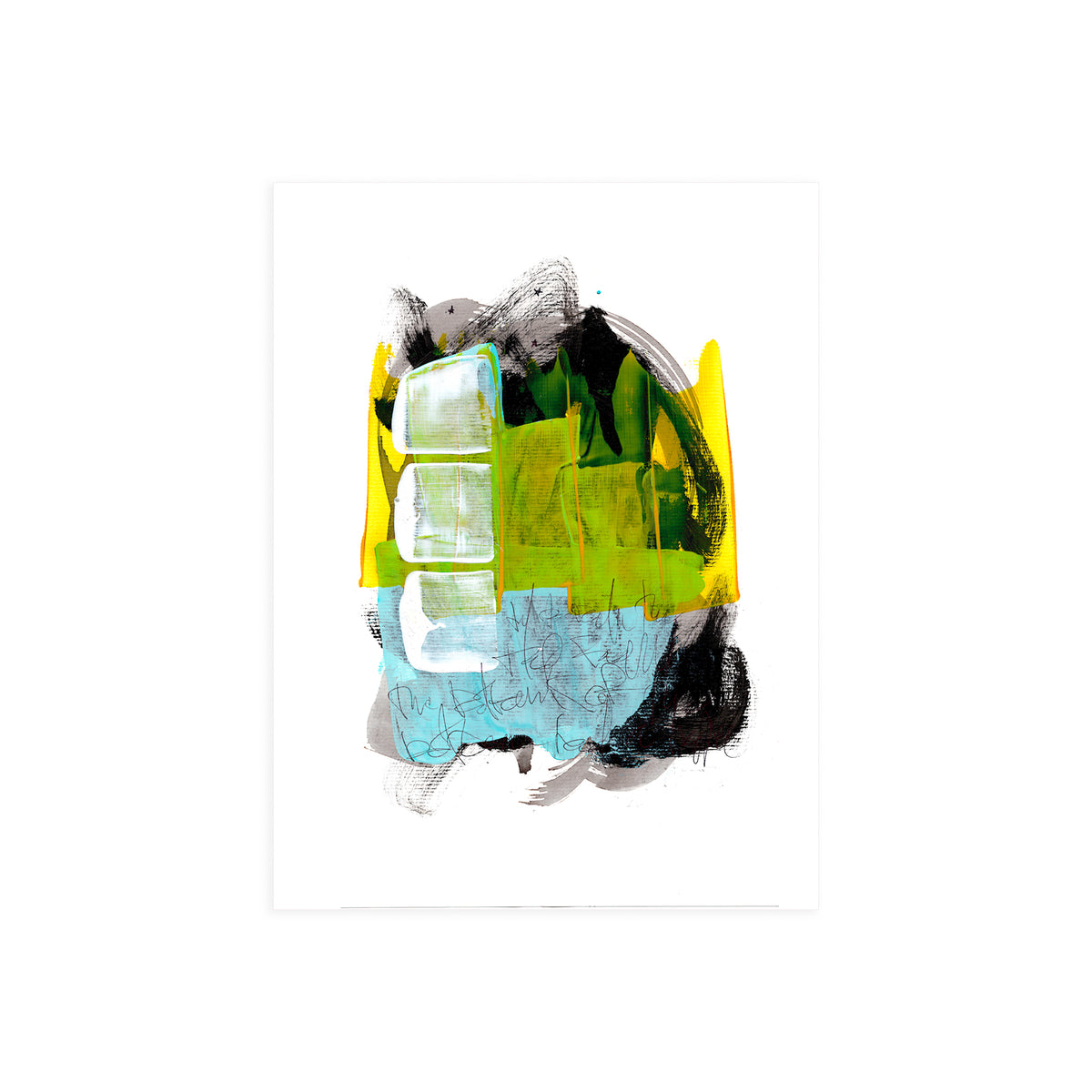An unframed view of the original artwork Painting 239 by Canadian artist Christopher Reilly on paper, displaying neat metadata labels at the bottom right corner outlining the 9x12 inch dimensions and materials.