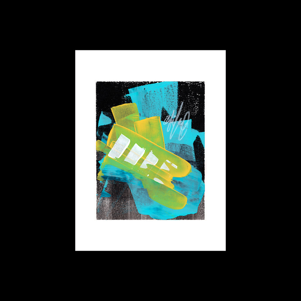 An original 9x12-inch abstract mixed-media painting titled Painting 243 by Christopher Reilly, featuring a heavy black textured frame background layered with bright cerulean blue sweeps, neon yellow bars, and a diagonal stack of white square blocks across the center, hand-painted on watercolor paper.