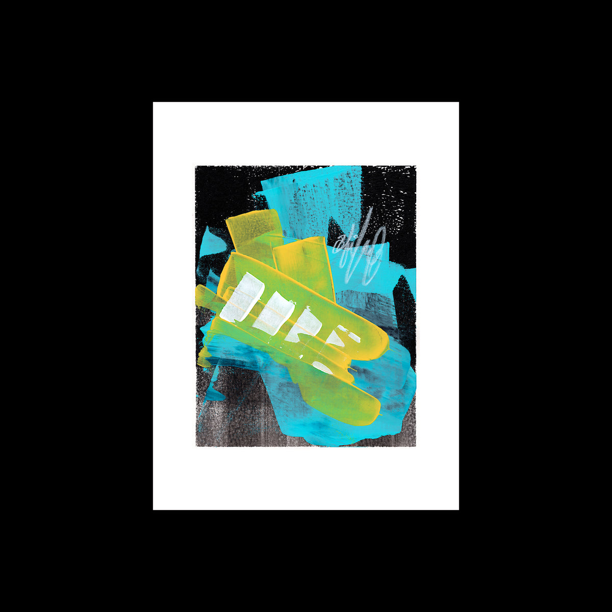 An original 9x12-inch abstract mixed-media painting titled Painting 243 by Christopher Reilly, featuring a heavy black textured frame background layered with bright cerulean blue sweeps, neon yellow bars, and a diagonal stack of white square blocks across the center, hand-painted on watercolor paper.