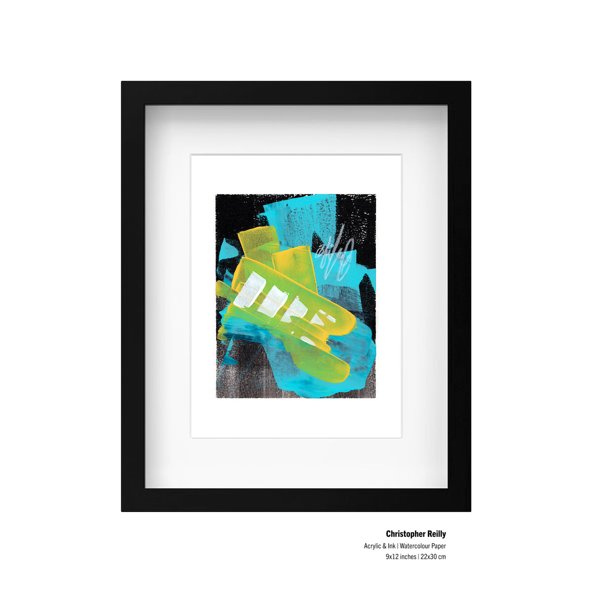 A framed presentation mockup of Painting 243 by Christopher Reilly, including an artist specification label in the bottom right corner reading: Christopher Reilly, Acrylic & Ink | Watercolour Paper, 9x12 inches | 22x30 cm.