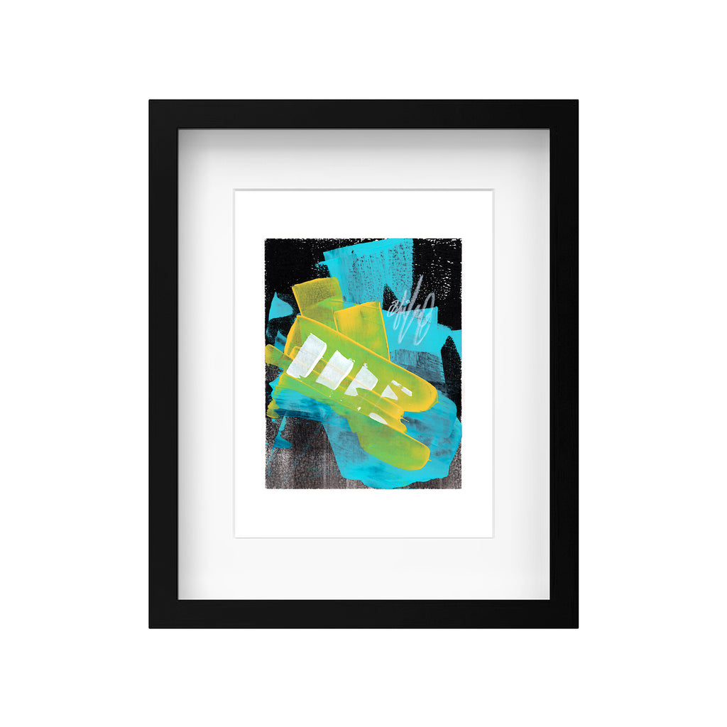 A product mockup showing Christopher Reilly's original mixed-media abstract artwork, Painting 243, styled inside a modern black wooden frame with a crisp white mat board to showcase the vibrant blue, yellow, and black composition.