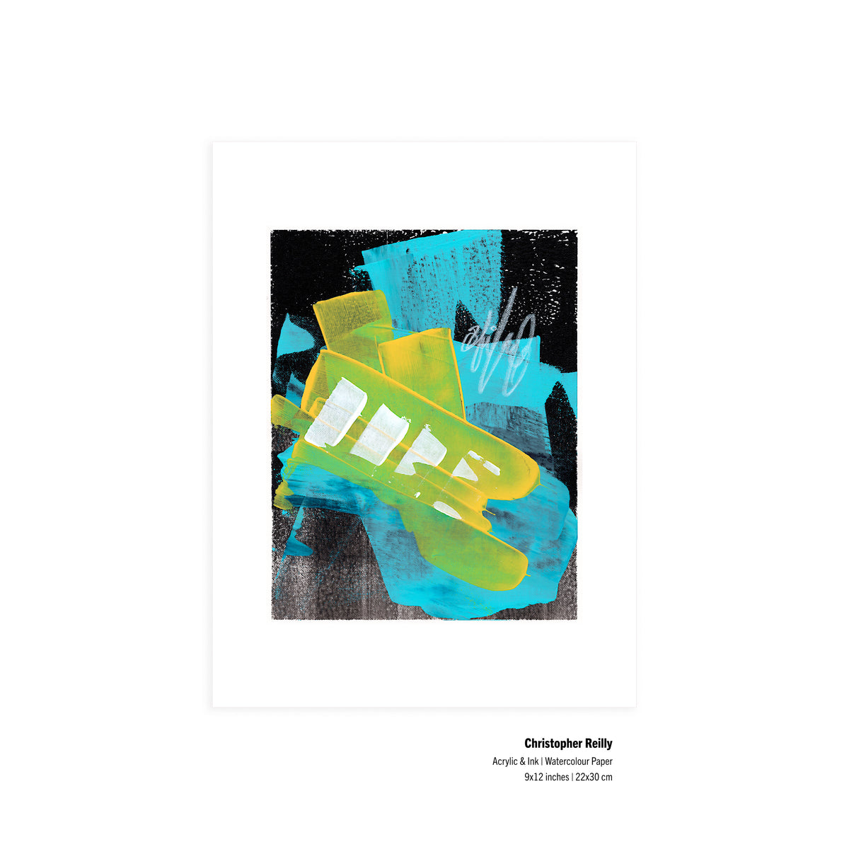 An original 9x12-inch abstract mixed-media painting titled Painting 243 by Christopher Reilly, featuring a heavy black textured frame background layered with bright cerulean blue sweeps, neon yellow bars, and a diagonal stack of white square blocks across the center, hand-painted on watercolor paper.