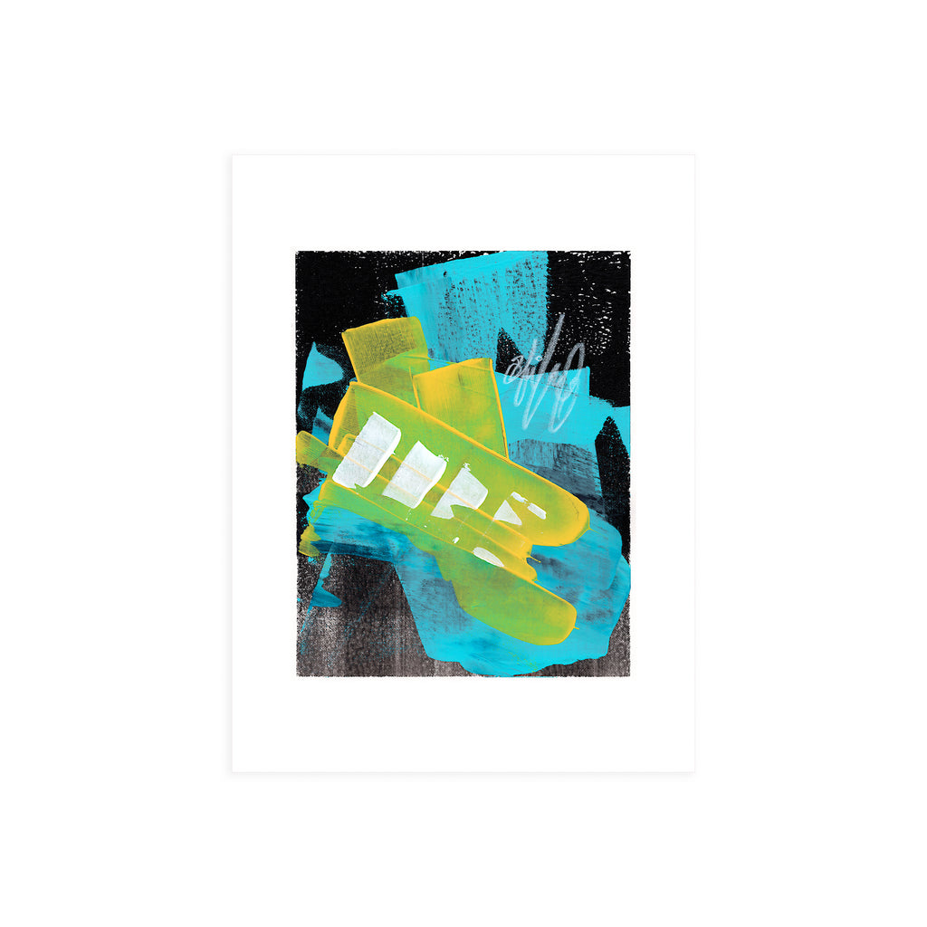 An original 9x12-inch abstract mixed-media painting titled Painting 243 by Christopher Reilly, featuring a heavy black textured frame background layered with bright cerulean blue sweeps, neon yellow bars, and a diagonal stack of white square blocks across the center, hand-painted on watercolor paper.