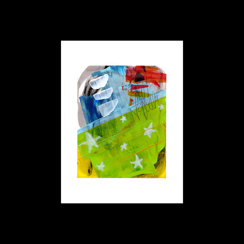An original 9x12-inch abstract mixed-media painting titled Painting 251 by Christopher Reilly, featuring a split background of blue and red blocks above a vibrant lime green lower field decorated with white star motifs and black ink scripts, centered on a white sheet.