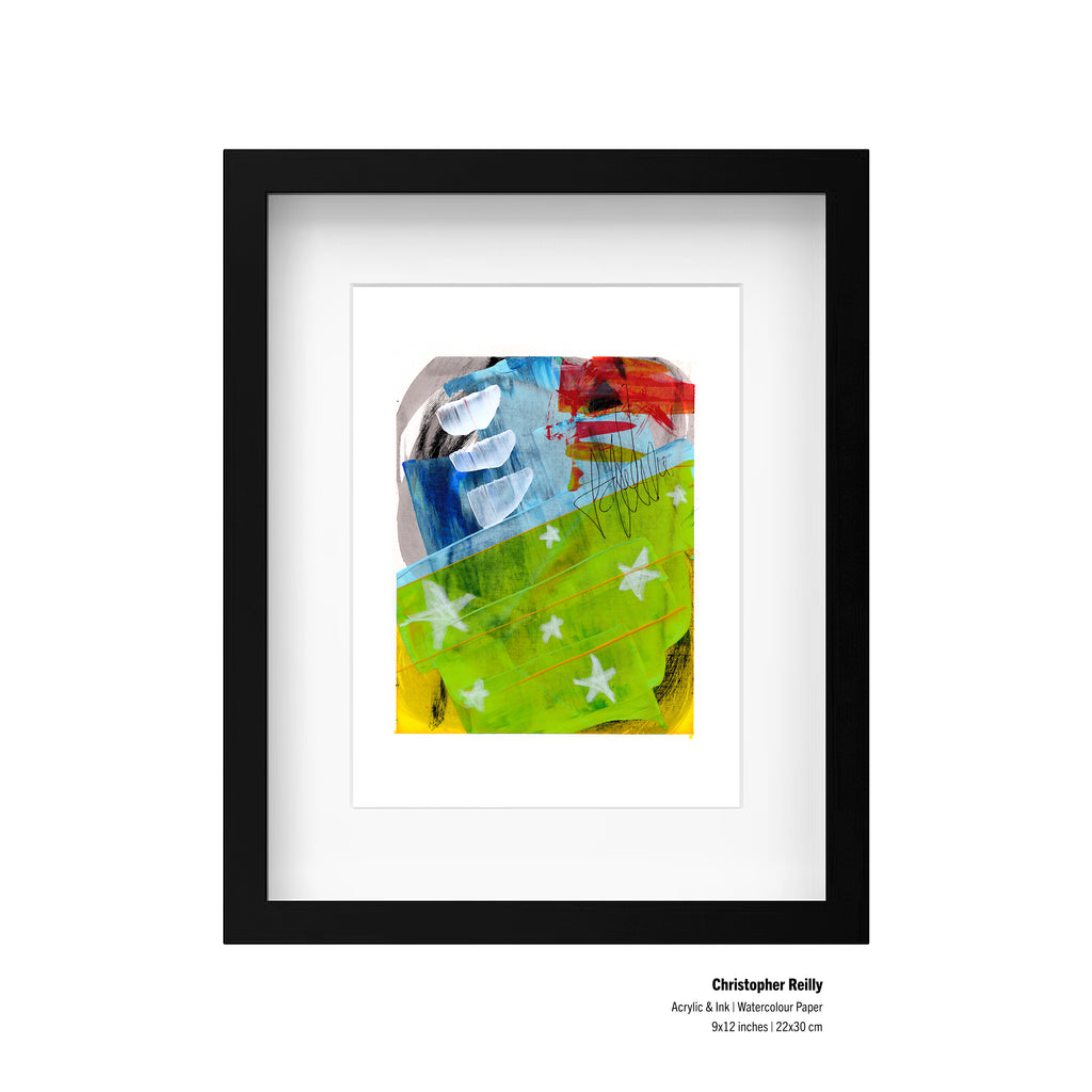 A framed presentation mockup of Painting 251 by Christopher Reilly, showcasing an artist specification label in the bottom right corner reading: Christopher Reilly, Acrylic & Ink | Watercolour Paper, 9x12 inches | 22x30 cm.