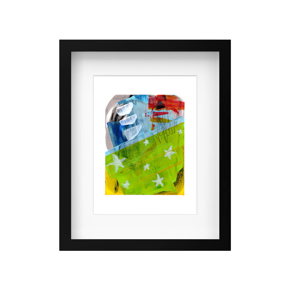 A product mockup displaying Christopher Reilly's original mixed-media abstract artwork, Painting 251, styled inside a modern black wooden frame with a crisp white mat board to showcase the vibrant blue, red, and lime green composition.