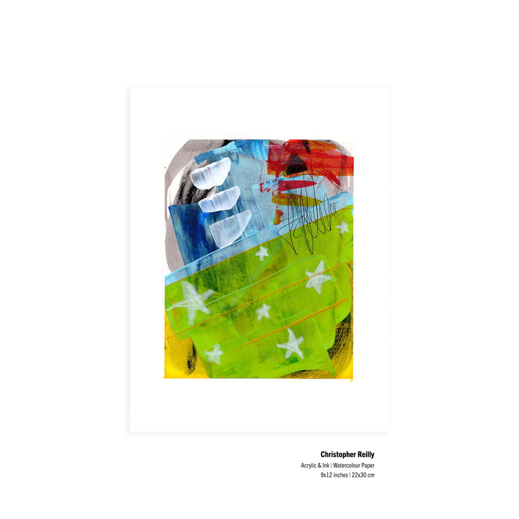 An unframed flat-lay product shot of the original artwork Painting 251 by Canadian artist Christopher Reilly on paper, displaying neat metadata specifications at the bottom right corner outlining the 9x12 inch dimensions.