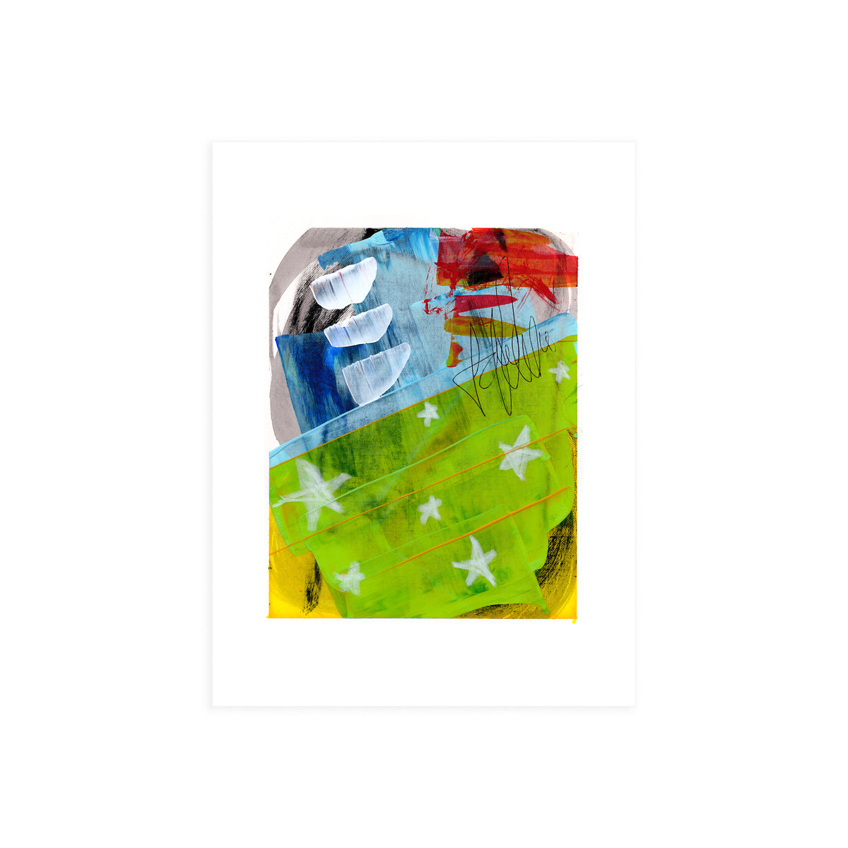 An original 9x12-inch abstract mixed-media painting titled Painting 251 by Christopher Reilly, featuring a split background of blue and red blocks above a vibrant lime green lower field decorated with white star motifs and black ink scripts, centered on a white sheet.
