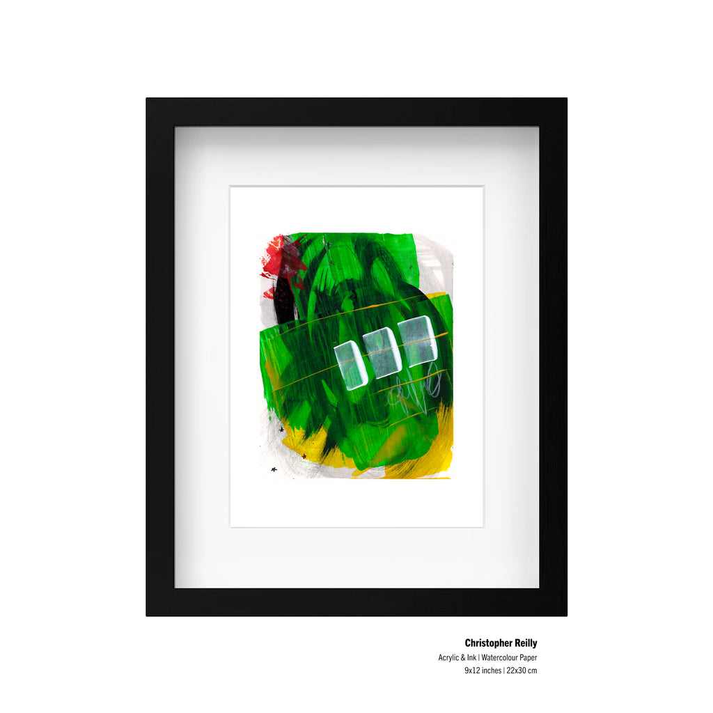 A framed presentation mockup of Painting 260 by Christopher Reilly, including an artist specification label in the bottom right corner reading: Christopher Reilly, Acrylic & Ink | Watercolour Paper, 9x12 inches | 22x30 cm.