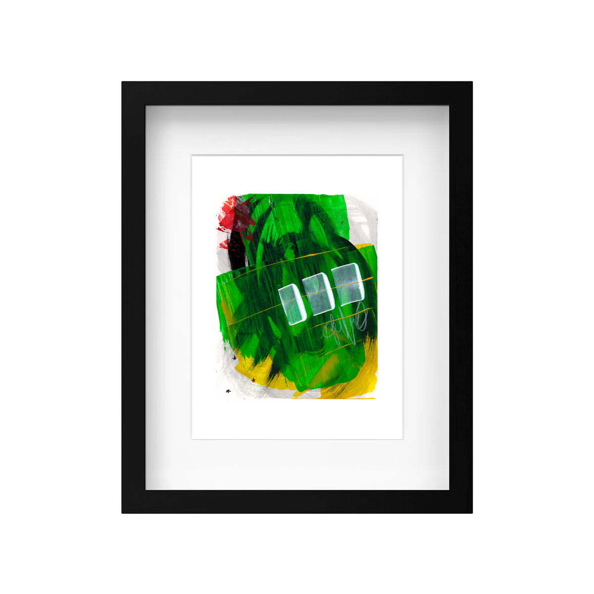 A product mockup showing Christopher Reilly's original mixed-media abstract artwork, Painting 260, styled inside a modern black wooden frame with a crisp white mat board to showcase the high-contrast green, yellow, and black composition.