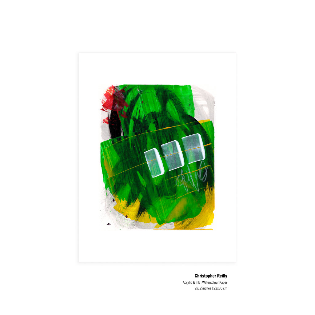An original 9x12-inch abstract mixed-media painting titled Painting 260 by Christopher Reilly, featuring a vibrant background of emerald and neon lime green paint layered with a black ink sweep on the left, a horizontal yellow block, and a line of three stenciled white squares, centered on heavy white watercolor paper.