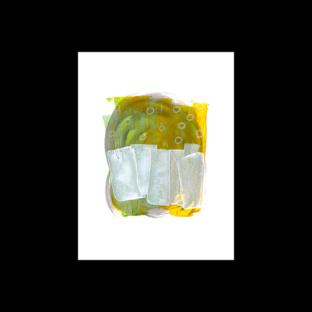 An original 9x12-inch contemporary abstract painting titled Painting 263 by Christopher Reilly, featuring a circular background field of olive green and yellow acrylic detailed with white stenciled circles and covered by four thick, vertical metallic silver blocks across the bottom half.
