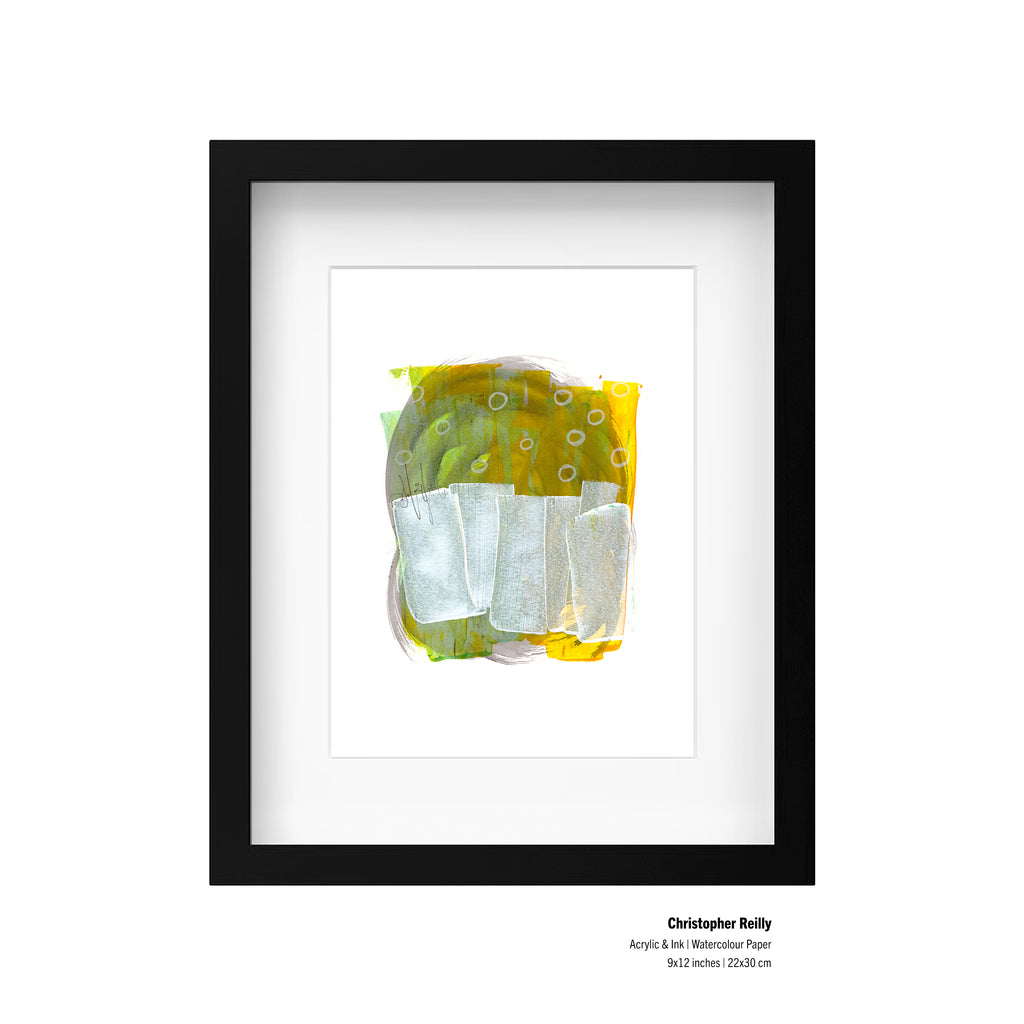 A framed presentation mockup of Painting 263 by Christopher Reilly, showcasing an artist specification label in the bottom right corner reading: Christopher Reilly, Acrylic & Ink | Watercolour Paper, 9x12 inches | 22x30 cm.