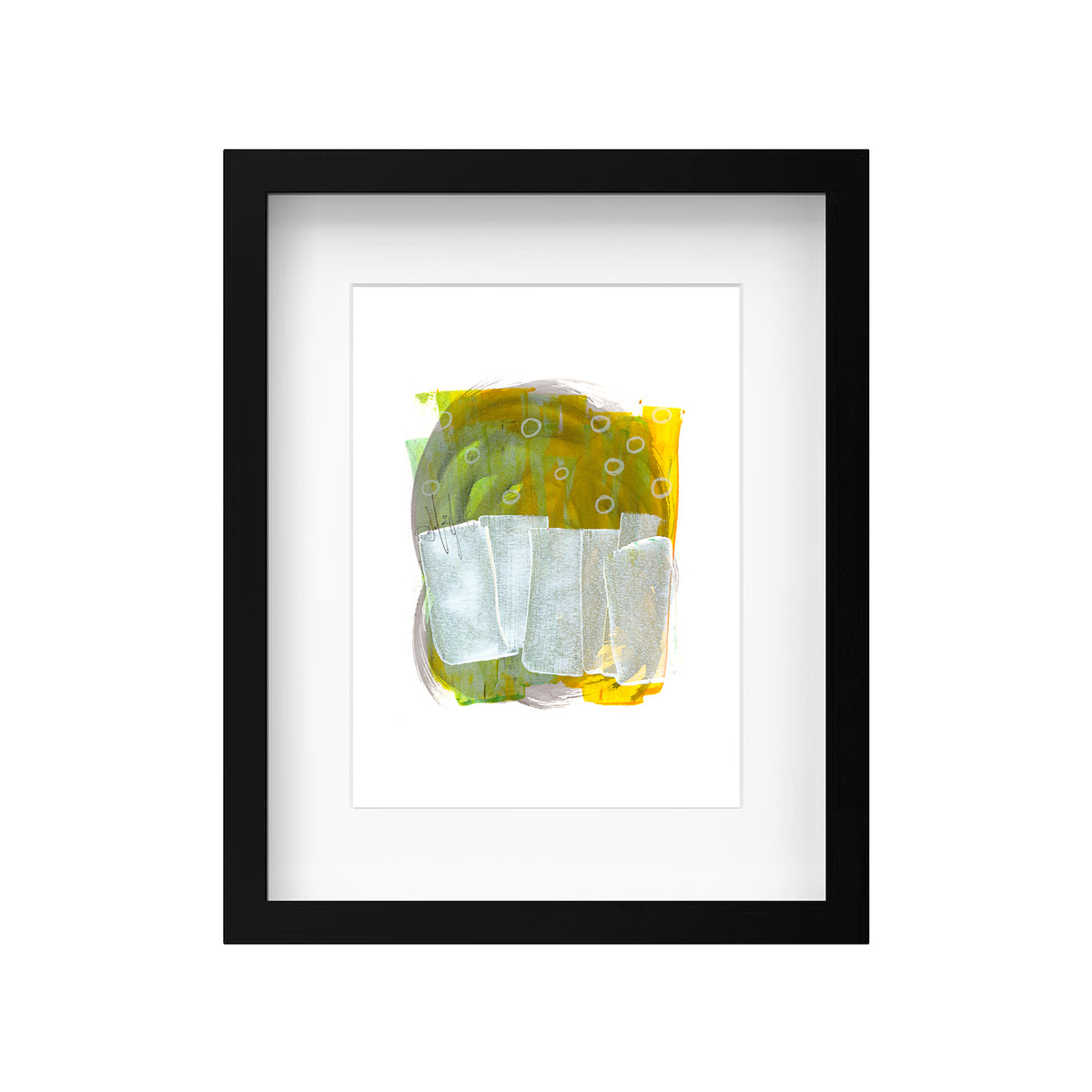 A product mockup displaying Christopher Reilly's original mixed-media abstract artwork, Painting 263, beautifully displayed inside a modern black wooden frame with a clean white mat board to highlight the green, yellow, and silver composition.