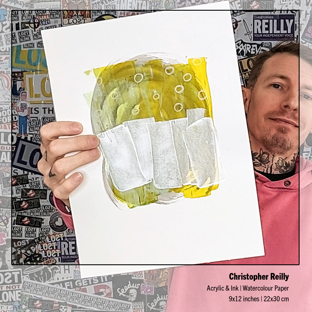 A high-resolution close-up product shot of Painting 263 held by Christopher Reilly, highlighting the physical texture of the layered watercolor paper and the light-reflective surface of the vertical metallic silver brushstrokes.