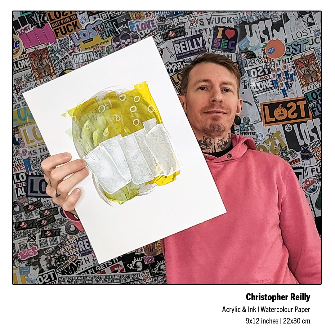 Canadian contemporary fine artist Christopher Reilly holding up his completed original 9x12 mixed-media piece, Painting 263, revealing the true visual scale, paper texture, and rich green and yellow color boundaries.