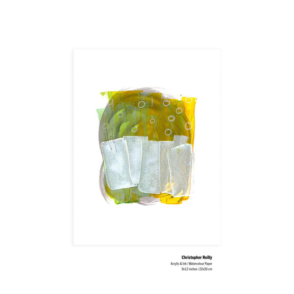 An original 9x12-inch contemporary abstract painting titled Painting 263 by Christopher Reilly, featuring a circular background field of olive green and yellow acrylic detailed with white stenciled circles and covered by four thick, vertical metallic silver blocks across the bottom half.