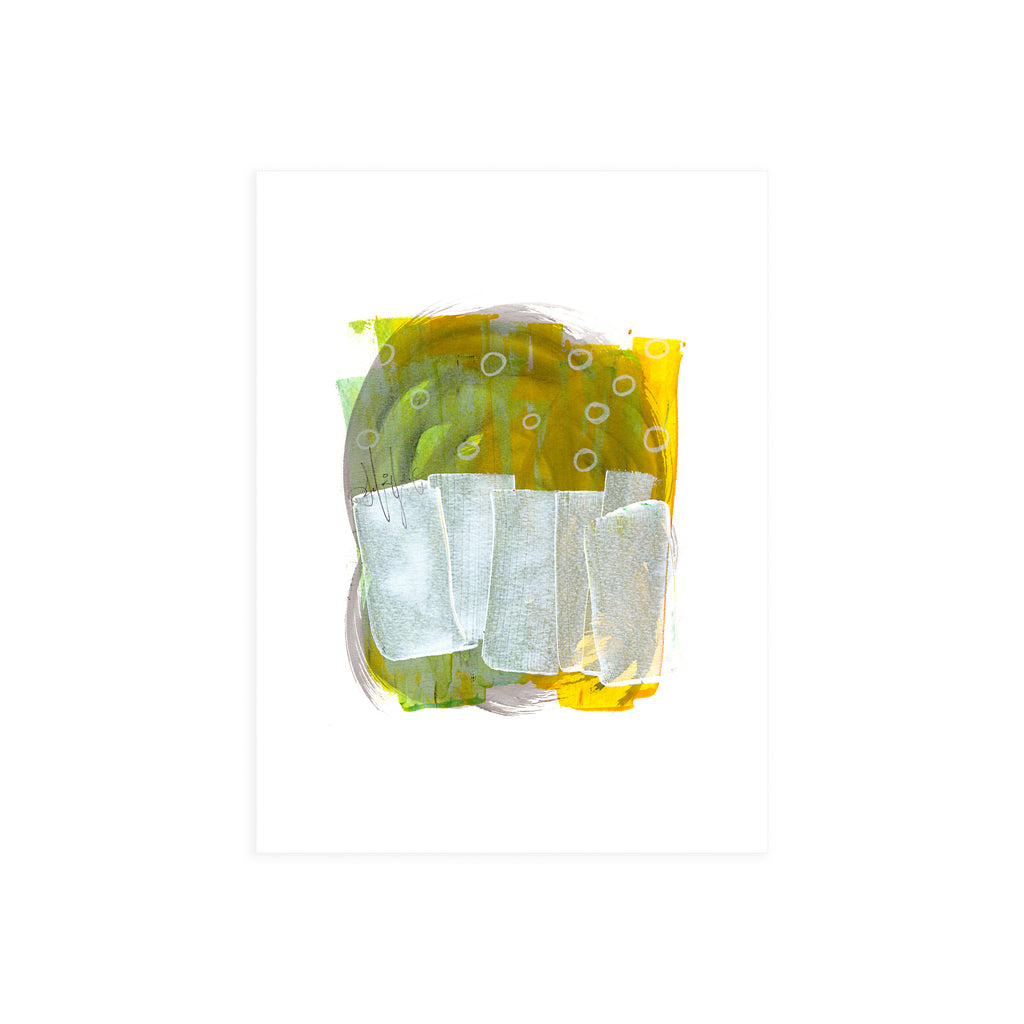 An original 9x12-inch contemporary abstract painting titled Painting 263 by Christopher Reilly, featuring a circular background field of olive green and yellow acrylic detailed with white stenciled circles and covered by four thick, vertical metallic silver blocks across the bottom half.