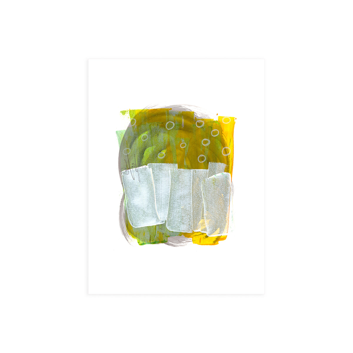 An original 9x12-inch contemporary abstract painting titled Painting 263 by Christopher Reilly, featuring a circular background field of olive green and yellow acrylic detailed with white stenciled circles and covered by four thick, vertical metallic silver blocks across the bottom half.