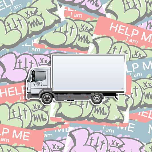 The Box Truck graffiti sticker blank by Lost. A fresh white box truck with plenty of space to be tagged. The realistic truck has a white border and is set against a collection of colorful graffiti stickers.