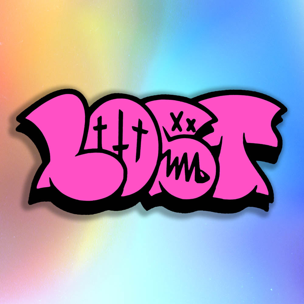 The large graffiti throwie sticker by LOST. A simple two color die cut design featuring the graffiti style word LOST in in hot pink with a thick black outline and 3D shadow effect. The sticker is set against a holographic rainbow background.