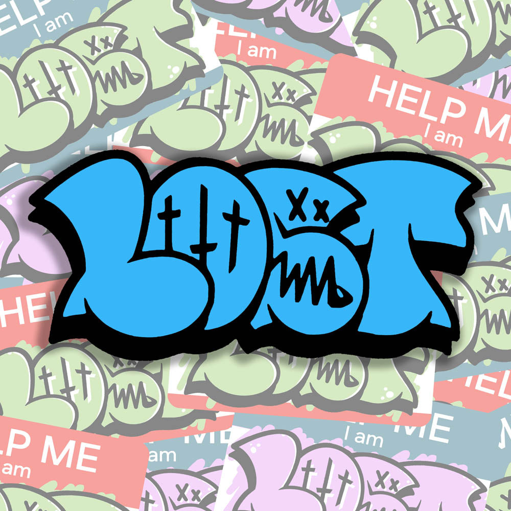 The large graffiti throwie sticker by LOST. A simple two color die cut design featuring the graffiti style word LOST in in blue with a black outline and 3d shadow. The sticker is set against a backdrop of colorful graffiti stickers.