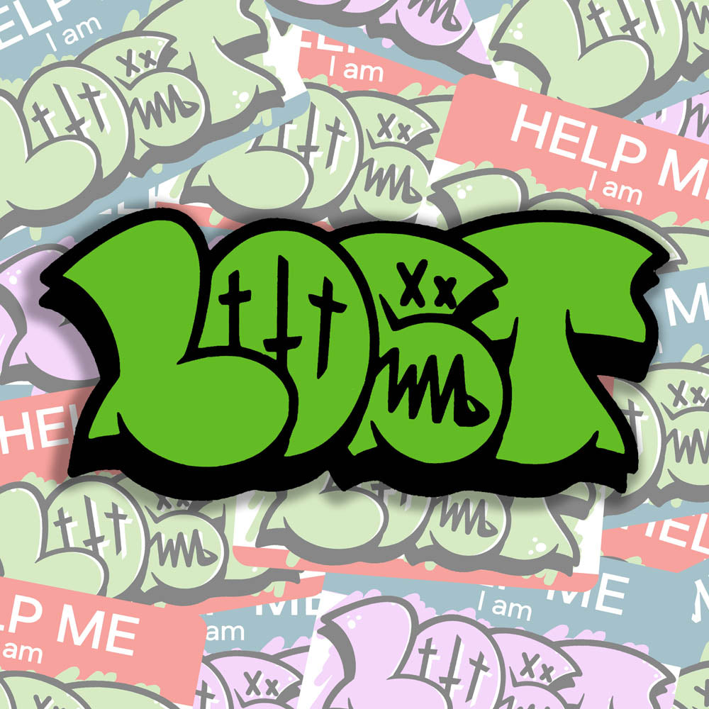 The large graffiti throwie sticker by LOST. A simple two color die cut design featuring the graffiti style word LOST in in zombie green with a fat black outline and 3d shadow effect. The sticker is set against a backdrop of colorful graffiti stickers.