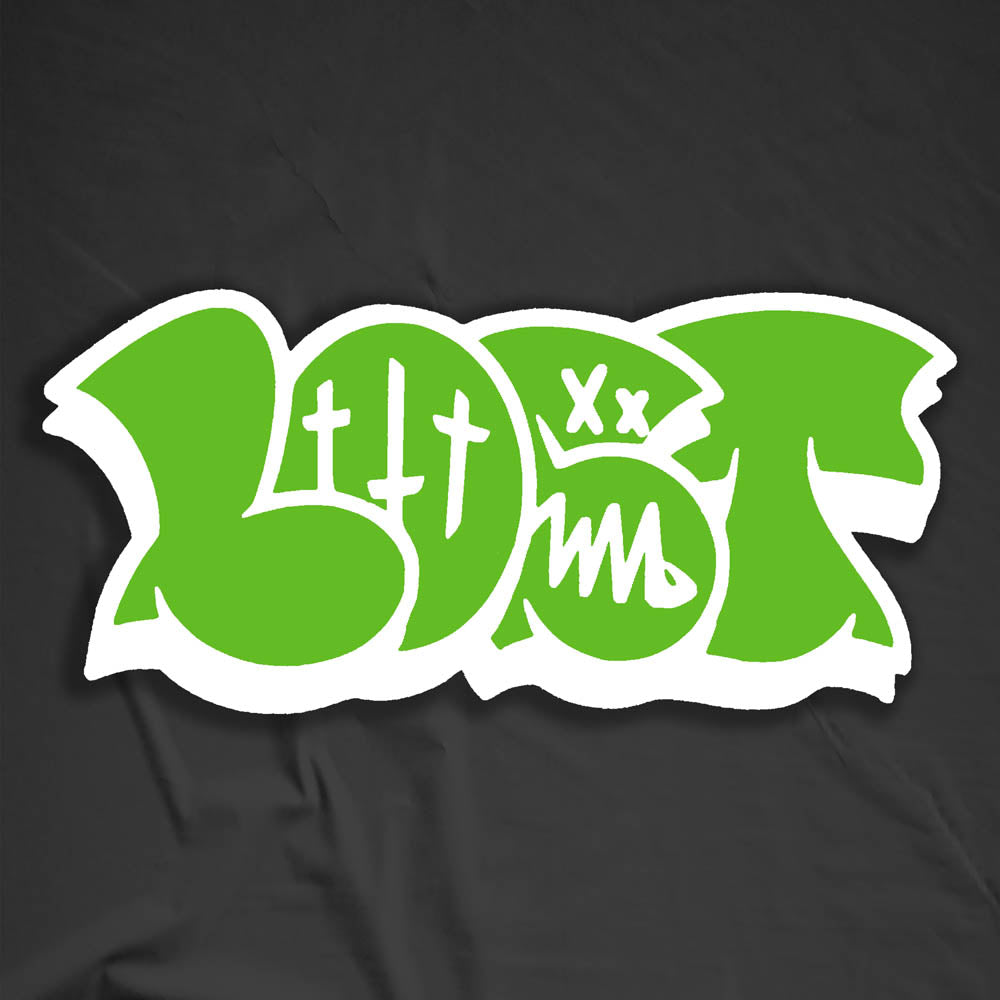 The large graffiti throwie sticker by LOST. A simple two color die cut design featuring the graffiti style word LOST in in electric green with a thick white outline and 3D shadow effect. The sticker is set against a contrasting black background.