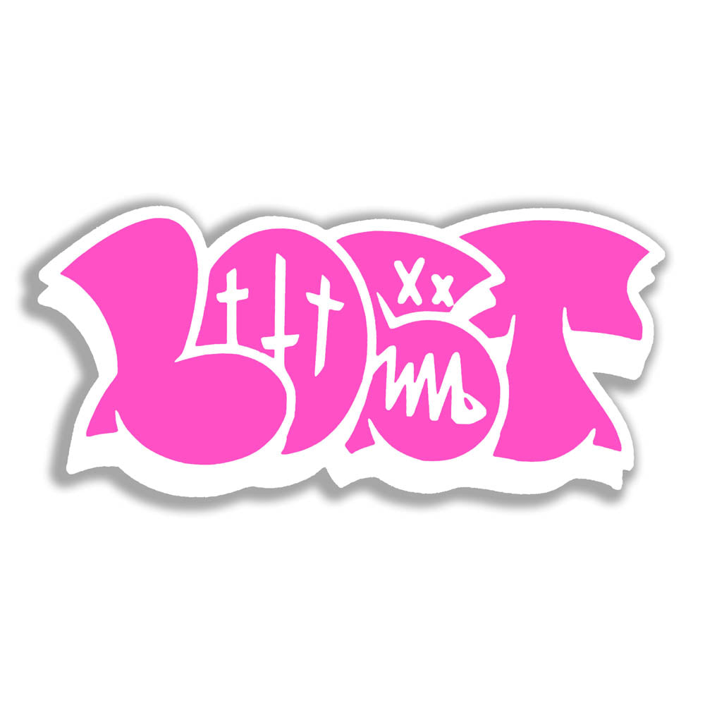 The large graffiti throwie sticker by LOST. A simple two color die cut design featuring the graffiti style word LOST in in hot pink with a thick white outline and 3D shadow effect. The sticker is set against a solid white background.