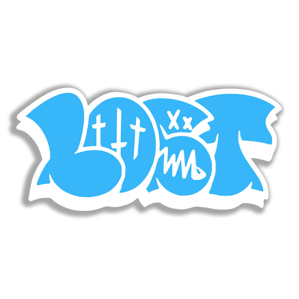 The large graffiti throwie sticker by LOST. A simple two color die cut design featuring the graffiti style word LOST in in sky blue with a thick white outline and 3D shadow effect. The sticker is set against a solid white background.