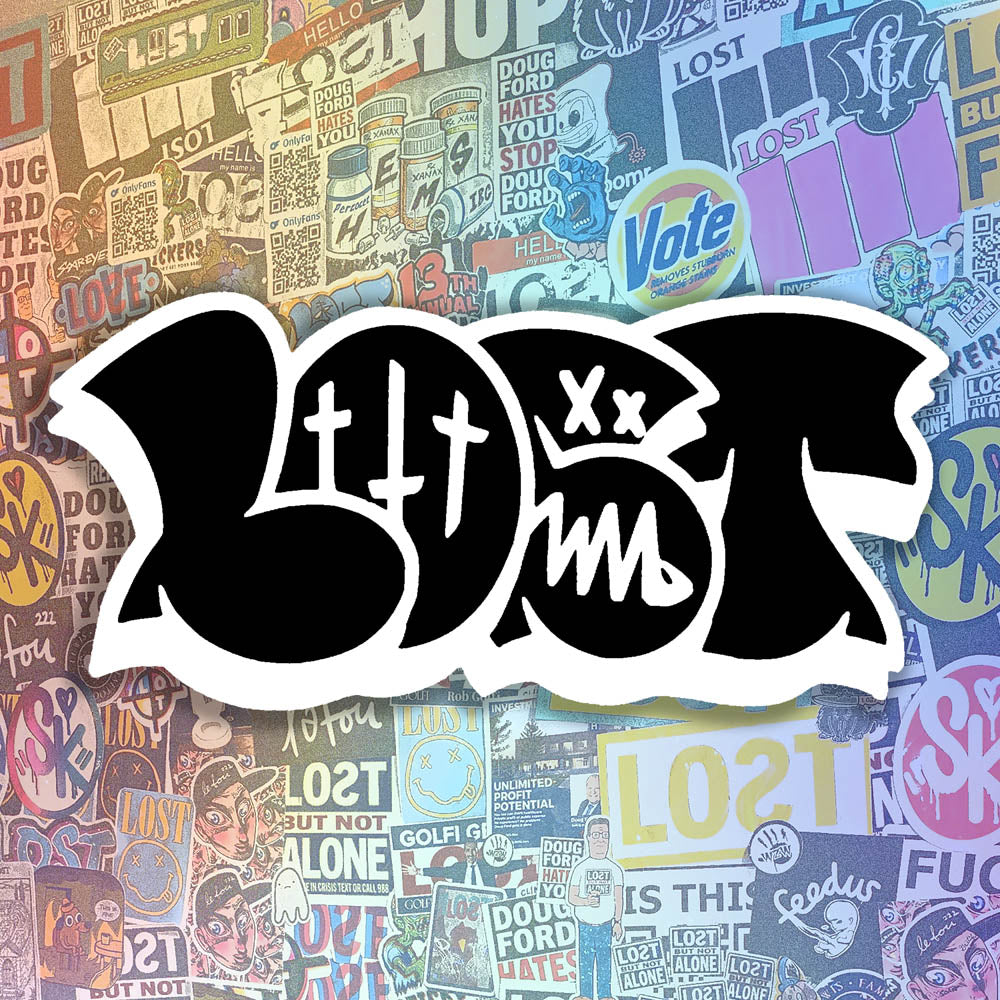 The large graffiti throwie sticker by LOST. A simple two color die cut design featuring the graffiti style word LOST in in black with a fat white outline and 3D shadow effect. The sticker is set against a wall of stickers by graffiti artists from around the world.