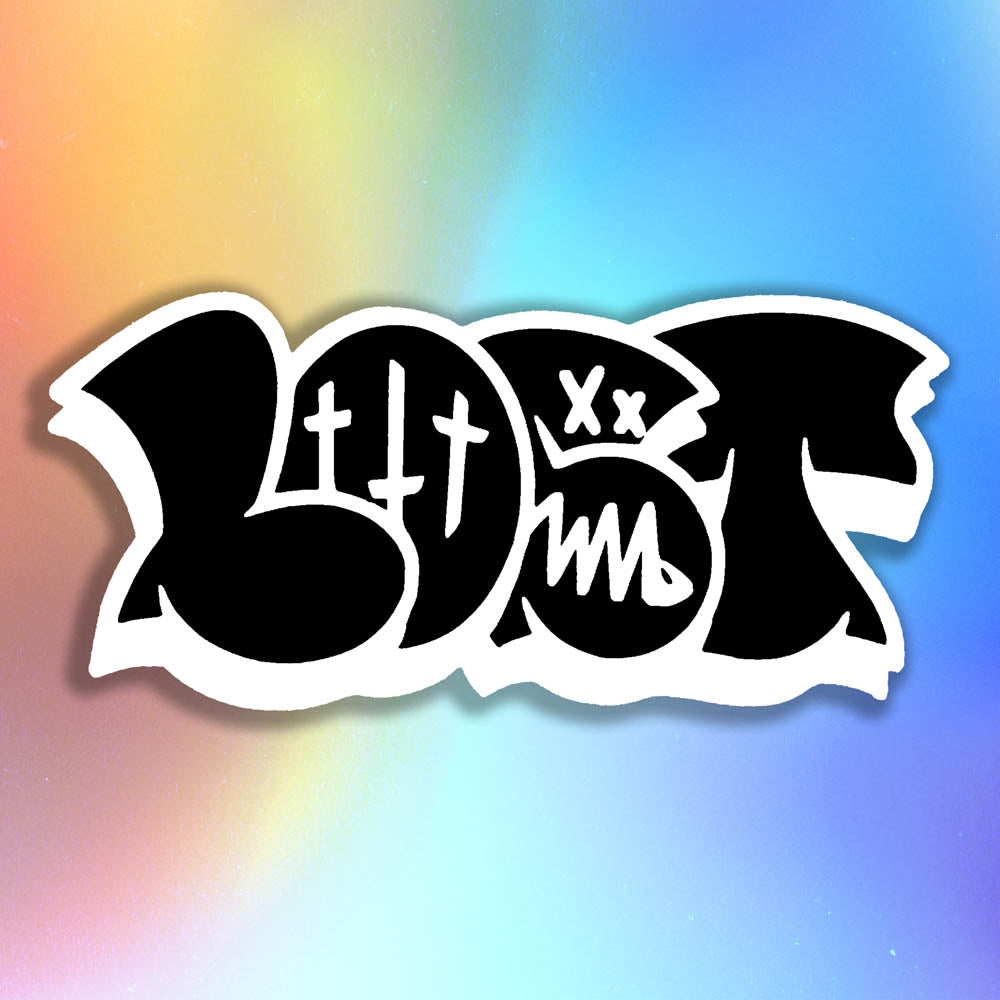 The large graffiti throwie sticker by LOST. A simple two color die cut design featuring the graffiti style word LOST in in black with a thick white outline and 3D shadow effect. The sticker is set against a holographic rainbow background.