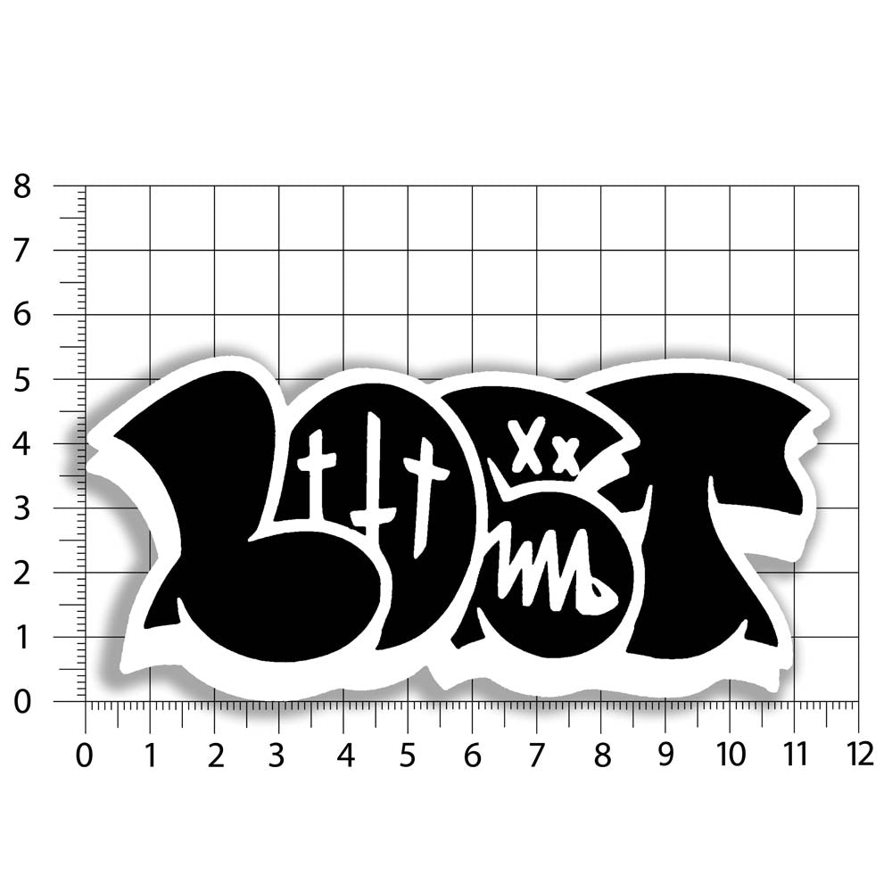 The large graffiti throwie sticker by LOST. A simple two color die cut design featuring the graffiti style word LOST in in black with a white outline and 3d shadow. A sizing chart indicates that this shaped sticker is almost a foot long and 6 inches tall.