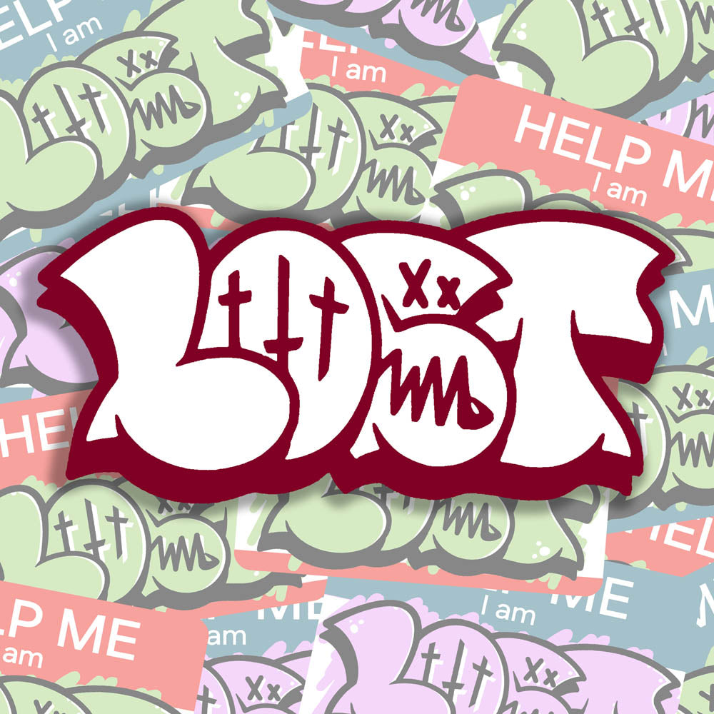 The large graffiti throwie sticker by LOST. A simple two color die cut design featuring the graffiti style word LOST in in white with a blood red outline and 3D shadow effect. The sticker is set against a backdrop of colorful graffiti stickers.