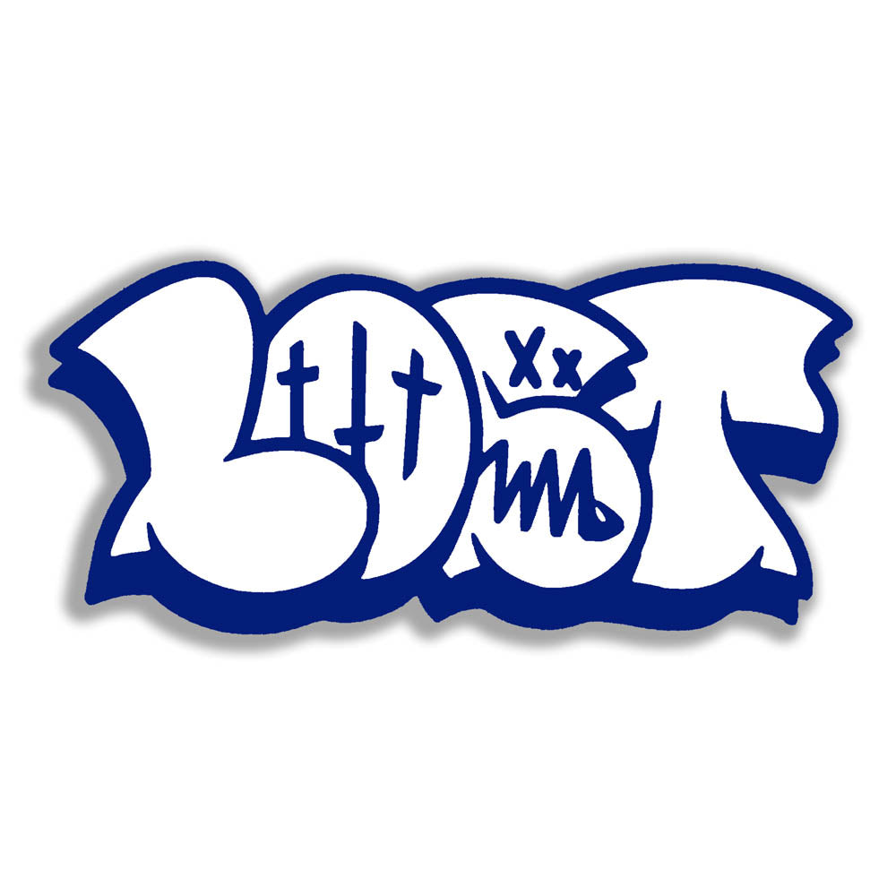 The large graffiti throwie sticker by LOST. A simple two color die cut design featuring the graffiti style word LOST in in white with a thick blue outline and 3D shadow effect. The sticker is set against a solid white background.